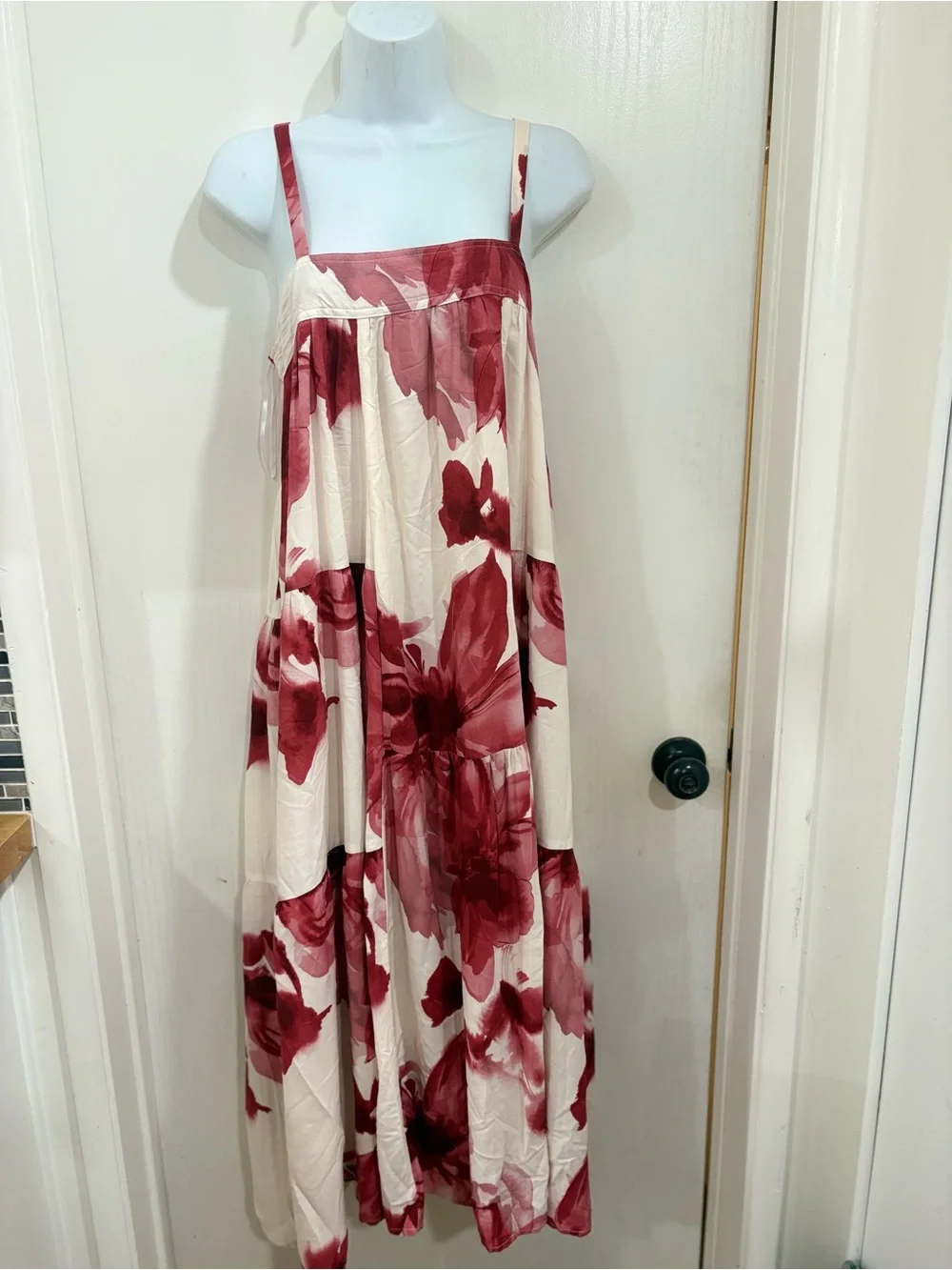 Women's Floral Bohemian flowy beach Tiered Midi Skirt - Red Floral on Cream